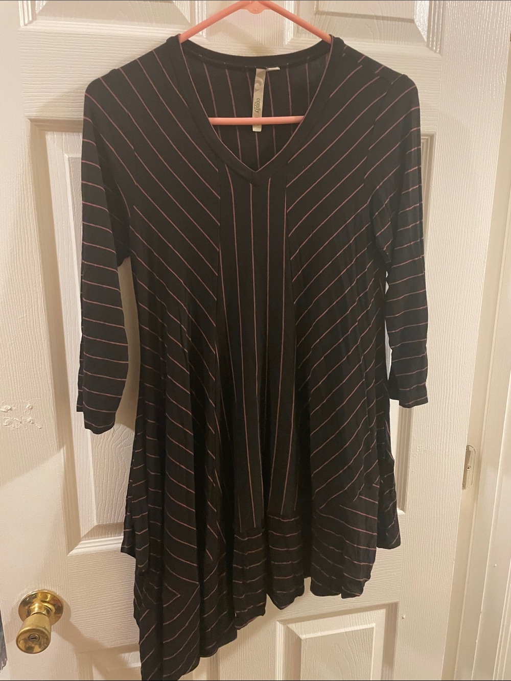 Comfy USA XS Black Dress with Pink Pinstripes Asymmetrical Hem